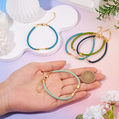 5Pcs Round Braided Imitation Leather Cord Bracelet Making, Blue Cyan Adjustable Braided Rope Bracelet Faux Leather Wristbands Cords with Beadable Bar for DIY Craft Jewelry Making