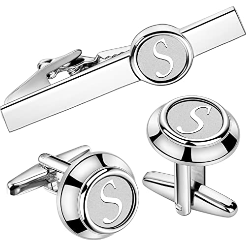AMITER 26 Letters Tie Clip and Cufflinks for Men, Initial Tie Bar & Cuff Links Set Necktie Clip for Business, Wedding, Anniversary - color: S (2 cufflinks + tie clip)