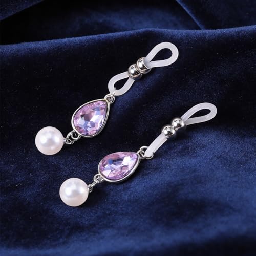 Pearls Nipple Rings Non Piercing, Purple Rhinestone Nipple Clips Adjustable Nipples Jewelry for Women, Non Pierced Pendant Faux Nipples Piercing Body Chains