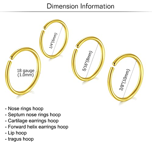 18g 20g 22g Nose Rings Hoops Silver Gold Hoop Nose Ring Surgical Steel Hypoallergenic Cartilage Hoop Earring Thin Helix Earring Hoops Tiny Small Lip Rings Piercing Jewelry 6mm 8mm 10mm - color: Gold 18g 6/8/10mm