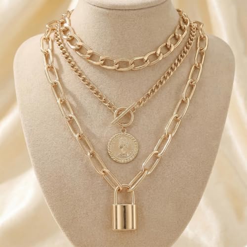 9-Piece Gold Tone Layered Chain Necklace Set for Women, Versatile Stackable Necklaces with Vertical Bar/Herringbone/Padlock Coin Charms, Trendy Boho Jewelry - style: TZJ-003360