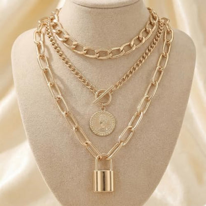 9-Piece Gold Tone Layered Chain Necklace Set for Women, Versatile Stackable Necklaces with Vertical Bar/Herringbone/Padlock Coin Charms, Trendy Boho Jewelry - style: TZJ-003360