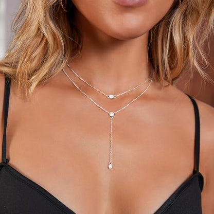 LULII Gold Necklace for Women Trendy Lariat Y Necklace Dainty 14k Gold Plated/Silver Long Necklaces for Women Layered Beaded Drop Necklaces Simple Y-Shaped Chain Jewelry Gifts - color: Y Layered CZ Necklace-Silver
