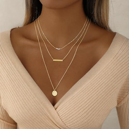 Layered Necklaces for Women 14K Gold Plated Stack Circle Pendant Trendy Long Chain Stackable Handmade Coin Necklace Set Dainty Gold Stacked Jewelry Gifts - color: Gold-4