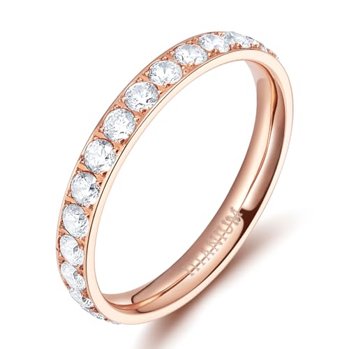TIGRADE 3mm Women Titanium Engagement Ring Cubic Zirconia Eternity Wedding Band Size 3-13.5 - color: Rose Gold