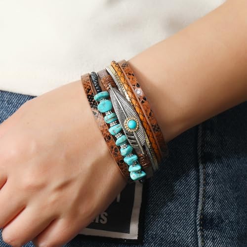 Fesciory Leather Wrap Bracelet for Women, Boho Western Layered Cuff Jewelry | Stackable Bracelets, Easy-On Clasp, Daily Wear, Pairs with Boho Western Outfits, Gift for Women - color: Brown2