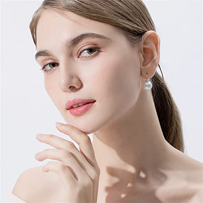 HUGE TOMATO Elegant 925 Sterling Silver Pearl Drop Earrings for Women, 14K Gold Plated Dangle Stud Earrings, Hypoallergenic Large Pearl Hoop Earring dangling 12mm - color: White
