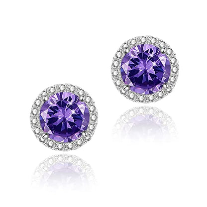 YOMELA Round Cubic Zirconia Stud Earrings for Women | Everyday Dainty, Diamond-Like Brilliance, CZ Halo Birthstone Studs, Hypoallergenic & Lightweight, Elegant & Versatile - color: Purple