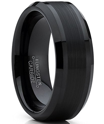Tungsten Carbide Men's Black Brushed Center Wedding Band Engagement Ring, 8 mm Comfort Fit