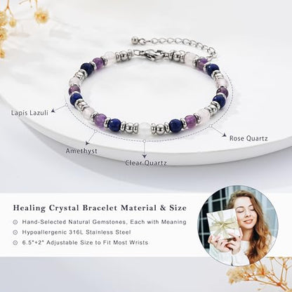 Zocomi Natural Healing Crystal Bracelet for Women, Anxiety Relief Triple Protection 7 Chakras Jewelry Gift for Friends Daughter Mom 6.5+2 Inches - color: Anxiety Relief