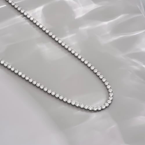 3mm Cubic Zirconia Tennis Necklace for Women, Dainty Adjustable 18K Gold Plated/Silver CZ Tennis Necklace, Hypoallergenic Iced Out Everyday Jewelry Gift for Her Wedding Party - color: 42cm Tennis Necklace-White Gold