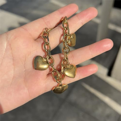 Stainless Steel Heart Charms Bracelet for Women | Chain Tassel, Love Charms, Chunky Link, Romantic Gift - color: Gold
