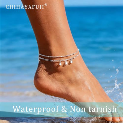 Sterling Silver Ankle Bracelets for Women 14K Gold Waterproof Layered Braided Chain Knot Charm Stackable Adjustable Non Tarnish Nickel Free Anklets Bracelet for Summer Beach Jewelry - color: silverD