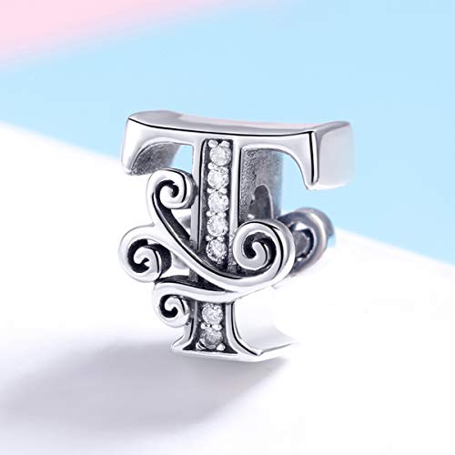 BISAER 925 Sterling Silver Initial Letter A-Z Charms for Bracelets Alphabet Beads Charm Jewelry Gifts - color: Letter T