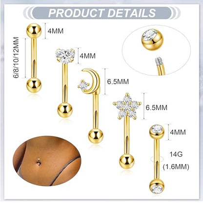 5Pcs 14G 316L Stainless Steel Small Belly Button Ring for Women Petite Navel Rings Tiny Hypoallergenic Belly Ring Cubic Zirconia Simple Belly Piercing Jewelry 6/8/10/12MM - color: Gold, size: Bar Length 12MM