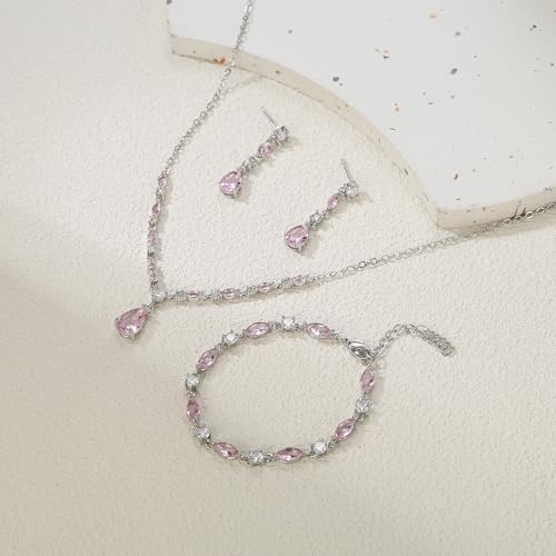 Teardrop Marquise Cubic Zirconia Wedding Prom Jewelry Set for Women Bridal | Silver/Gold/Rose Gold Plated, Pear Cut Pendant Necklace Drop Earrings Link Bracelet, for Bride Bridesmaid, for Banquet Party - style: B_Three Set, Pink Silver-Tone (Teardrop)