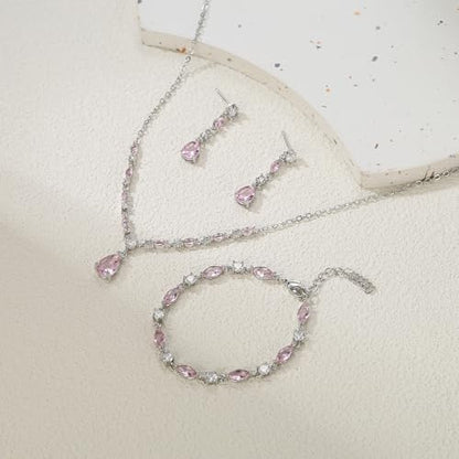 Teardrop Marquise Cubic Zirconia Wedding Prom Jewelry Set for Women Bridal | Silver/Gold/Rose Gold Plated, Pear Cut Pendant Necklace Drop Earrings Link Bracelet, for Bride Bridesmaid, for Banquet Party - style: B_Three Set, Pink Silver-Tone (Teardrop)