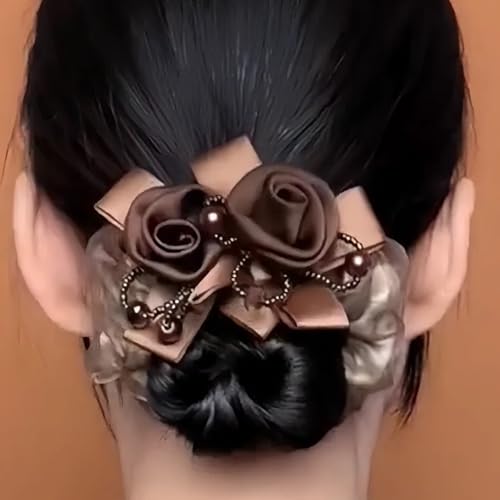 Satin Hair Scrunchie with Rose Flower, Brown and Gold, Pearl Beads, Ribbon Bow, Hair Tie Accessory, 9cm (khaki) - color: khaki