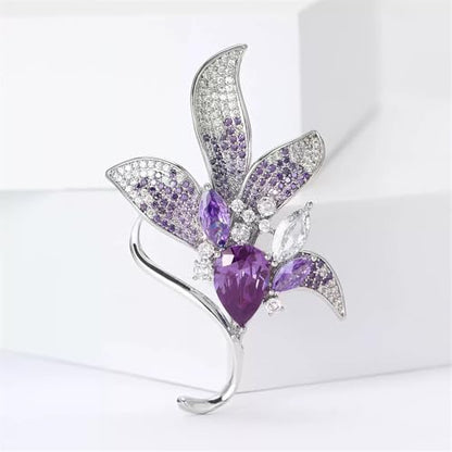 Elegant Purple Lily Flower Brooch Pin Delicate Austrian Crystal Rhinestone Floral Leaf Badges Lapel Pins Clothing Dress Wedding Corsage Accessories Trendy Banquet Prom Jewelry for Women Lady Wife Mom