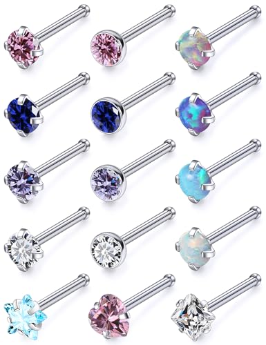 15 Pcs 18G 20G Surgical Steel Nose Rings Studs for Women Opal Nose Rings Diamond CZ Nose Studs L Shaped Nose Nostril Piercing Jewelry Hypoallergenic - style: 18G,Straight