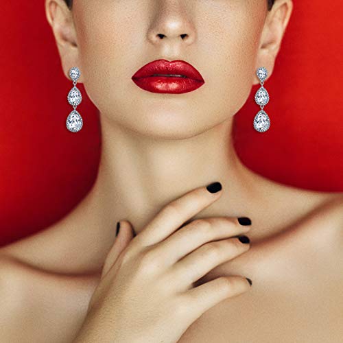 EleQueen Women's Crystal Teardrop Pear Shape 2.5 Inch Long Earrings | Dangle Earrings for Women, TearDrop Crystals Earrings for Bride Bridesmaid, Prom Jewelry for Wedding - color: 03-Silver-tone Clear