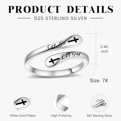 Fookduoduo 925 Sterling Silver Ring Inspirational Jewelry adjustable Wrap Open Rings for Women - style: Let Go Let God