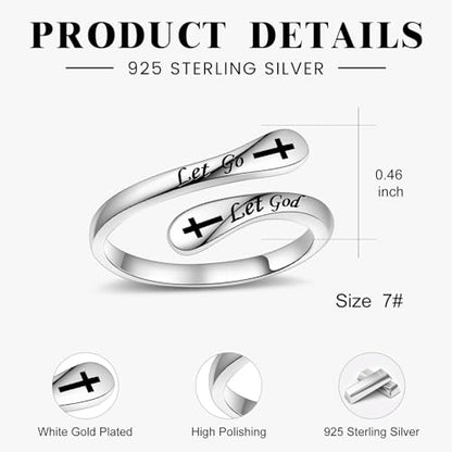 Fookduoduo 925 Sterling Silver Ring Inspirational Jewelry adjustable Wrap Open Rings for Women - style: Let Go Let God