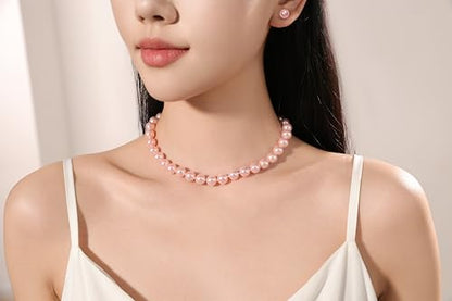 10mm Faux Pearl Necklace & Earrings Set, Elegant Jewelry for Women | Glass material, handmade product, Daily wear, Holiday gift - color: Pink