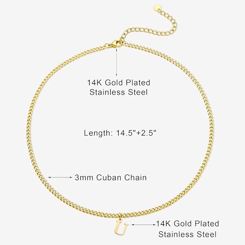 Gold Initial Necklace for Women, 3mm Cuban Link Letter Necklace, 14.5"+2.5" Adjustable Choker, Gold Plated A-Z Alphabet Pendant Necklace, Personalized Jewelry Gift for Her - style: U