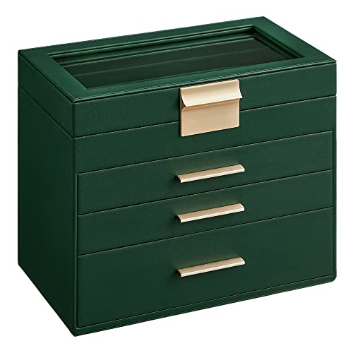 SONGMICS GISELLA Collection - Jewelry Box with Glass Lid, 4-Layer Jewelry Organizer, 3 Drawers, for Sunglasses, Big Jewelry, Jewelry Storage, Modern Style, Forest Green and Gold Colour UJBC161G01 - color: Forest Green + Gold, size: 4 Layer (6"d X 9.9"w)