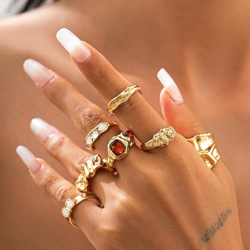 Gold Rings for Women Non Tarnish Boho Stackable Adjustable Open Rings Set Finger Knuckle Stacking Ring Packs Jewelry Gift - color: Gold Chunky Rings 7Pcs