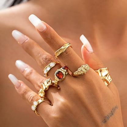 Gold Rings for Women Non Tarnish Boho Stackable Adjustable Open Rings Set Finger Knuckle Stacking Ring Packs Jewelry Gift - color: Gold Chunky Rings 7Pcs