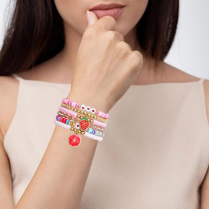 Summer Surfer Heishi Bracelet Set for Women Stackable Gold Plated Clay Ploymer Bead Stretch Pink Beach Layering Bracelets Jewelry - color: A-Pink Grapefruit Set