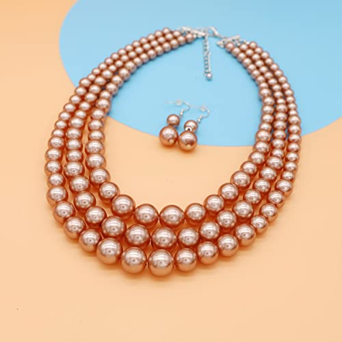 Chunky Layered Imitation Pearl Necklace for Women 3 strand Pearl Necklaces Faux Pearl Necklace Earrings Set 1920s Flapper Gatsby Costume Accessories - color: 3 strand pearl necklace champagne