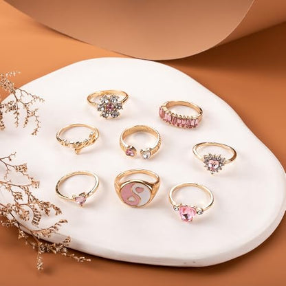 Gold Stackable Ring Sets Yin Yang Patterns Adjustable Alloy Finger Rings for Punk Boho & Daily Wedding Jewelry - color: Multicolor1