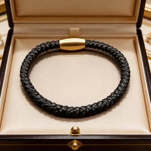 Men's Leather Bracelet, Stackable Stainless Steel Clasp Bracelets for Men Stylish Birthday, Thanksgiving, Valentine's Day Gift for My Man (8.2" Black and Golden) | Men's Accessory, Leather Band, Stainless Steel, Wrist Bracelet