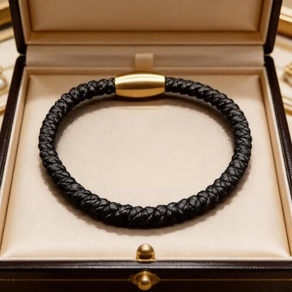 Men's Leather Bracelet, Stackable Stainless Steel Clasp Bracelets for Men Stylish Birthday, Thanksgiving, Valentine's Day Gift for My Man (8.2" Black and Golden) | Men's Accessory, Leather Band, Stainless Steel, Wrist Bracelet