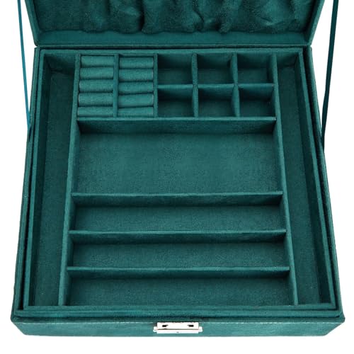 Juvale Velvet Jewelry Box Organizer - 10.5 x 10.5 x 3.5 in, Green - Lockable 2-Tier Travel Jewelry Case & Earring Storage - Removable Tray & Built-In Necklace Organizer - color: Green