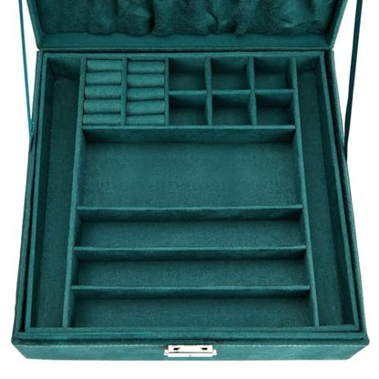 Juvale Velvet Jewelry Box Organizer - 10.5 x 10.5 x 3.5 in, Green - Lockable 2-Tier Travel Jewelry Case & Earring Storage - Removable Tray & Built-In Necklace Organizer - color: Green