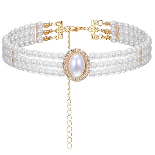 Hecila Pearl Choker Necklace for Women Boho 3 Tier Multilayer Dainty Rhinestones Pearls Chokers Layered Choker White Victorian Jewelry as Faux Pearl Vintage Chokers Necklace Birthday Christmas Gifts
