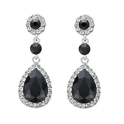 Gorgeous Austrian Crystal Rhinestone Wedding Bridal Teardrop Drop Dangle Earrings - color: Pierced-Black