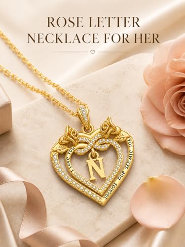 14K Gold Initial Letter Rose Heart Pendant Necklace for Women, Anniversary Birthday Jewelry Gifts for Wife Mom Grandma Sister Daughter, I Love You for Always And Forever - style: 14K Gold-N