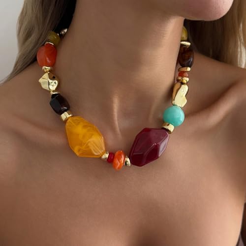 Chunky Acrylic Beaded Necklace for Women Colorful Acrylic Resin Beaded Choker Big Round Beads Statement Necklace Fashion Jewelry - color: Red
