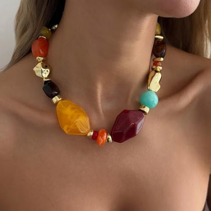 Chunky Acrylic Beaded Necklace for Women Colorful Acrylic Resin Beaded Choker Big Round Beads Statement Necklace Fashion Jewelry - color: Red