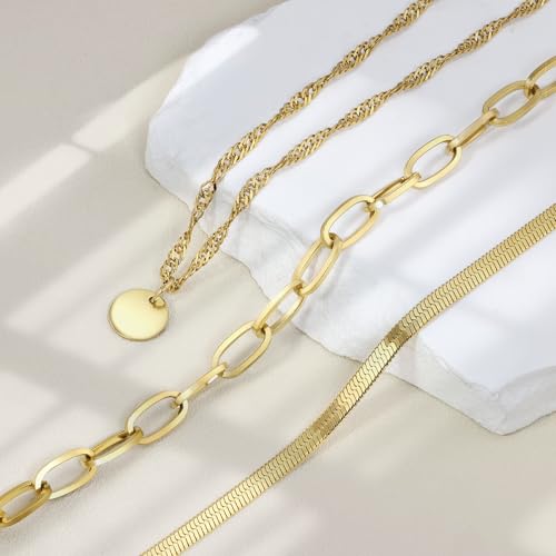 Layered Necklaces for Women,14k Gold Plated Dainty Necklace Stack Set Non Tarnish Adjustable Silver Stainless Steel CZ Heart Circle Pendant Paperclip Choker Herringbone Snake Chain Jewelry - style: Gold Circle Layered Necklace