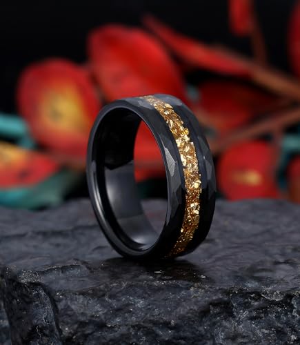 8mm Black Tungsten Mens Wedding Band with Moss Agate/Emerald/Citrine | Amethyst/Aquamarine, Gothic, Birthstone, Hammered, Engagement Promise Ring, Anniversary Valentine Day Birthday Gift for Him - style: Yellow Citrine