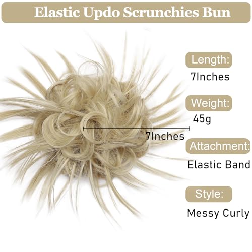 HMD Tousled Updo Messy Bun Hair Piece for Women Synthetic Hair Extension | Messy Bun Hair Piece with Elastic Scrunchie Synthetic Tousled Updos Ponytail Hairstyles for Daily Wear - color: 85/613#Ash Blonde Mix Bleach Blonde
