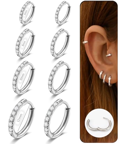 CZ Huggie Earrings for Women, Stainless Steel Hinged Small Hoop Earrings, Select Sizes, Colors and Sets for Cartilage Helix Lobe Ear Stack Jewelry - color: Silver, size: 4Pairs,6/8/10/12mm Hoop(THK:2mm)