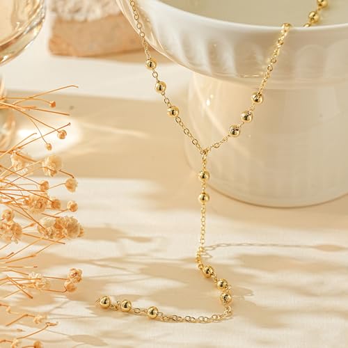 14K Gold Plated Layered Lariat Necklace for Women - Waterproof Non-Tarnish Dainty Gold Chain Necklace, Long Boho Statement Jewelry for Wedding, Prom, Summer Vacation Gifts - color: Beads Y Necklace-Gold