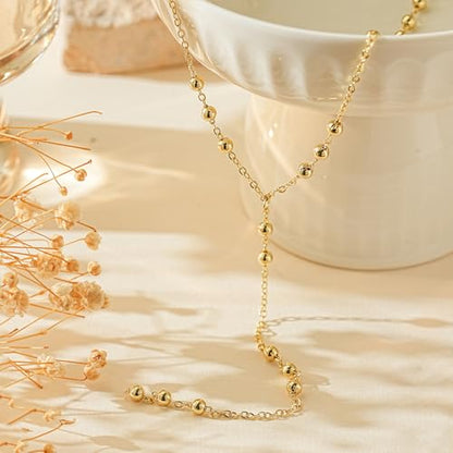14K Gold Plated Layered Lariat Necklace for Women - Waterproof Non-Tarnish Dainty Gold Chain Necklace, Long Boho Statement Jewelry for Wedding, Prom, Summer Vacation Gifts - color: Beads Y Necklace-Gold